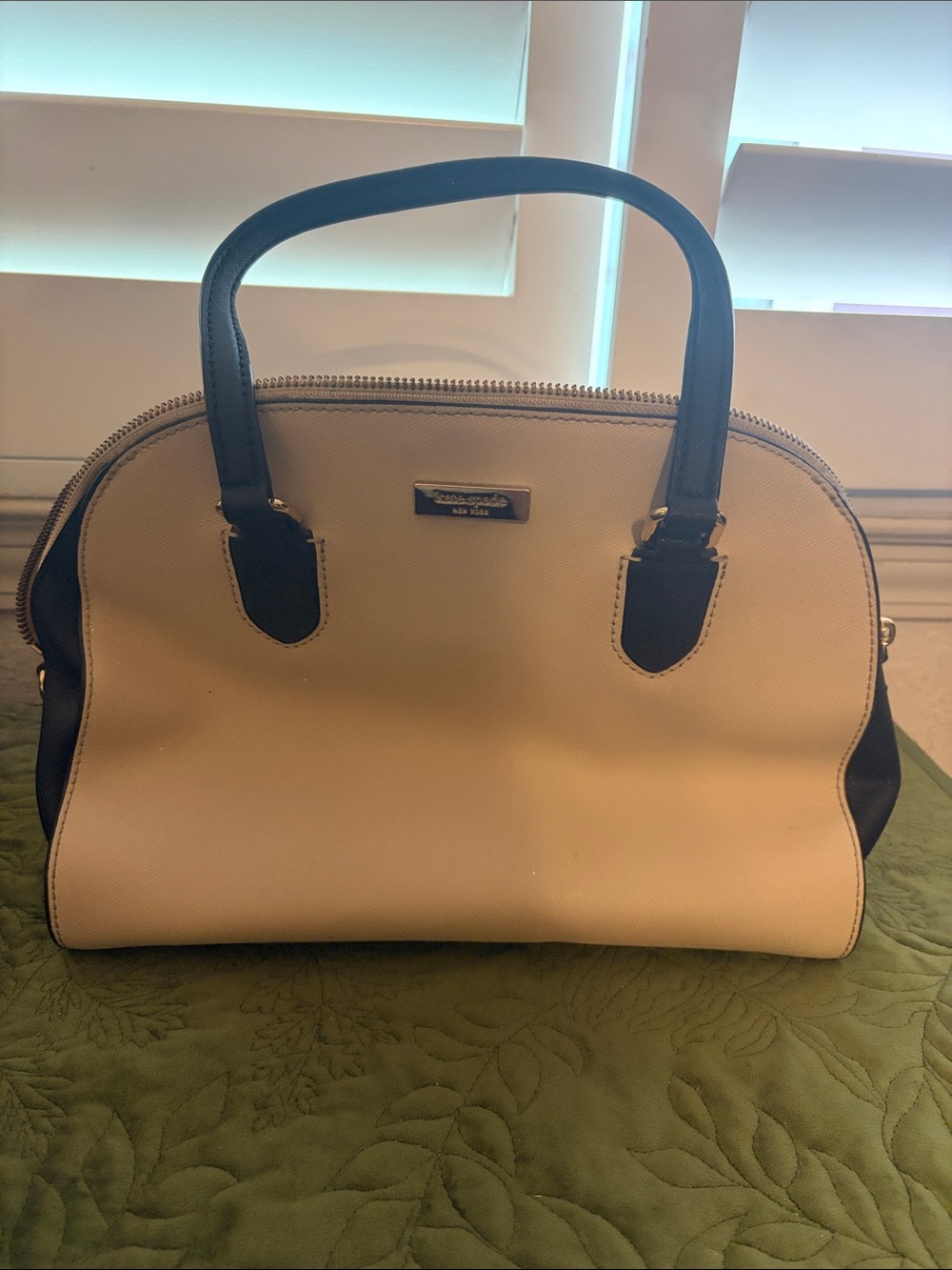 Kate Spade Cream and Black Dome Satchel with Gold-Tone Plaque